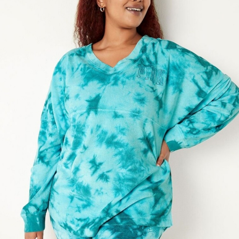 VS PINK Terry V-Neck Turquoise Tie Dye Sweatshirt Size Medium